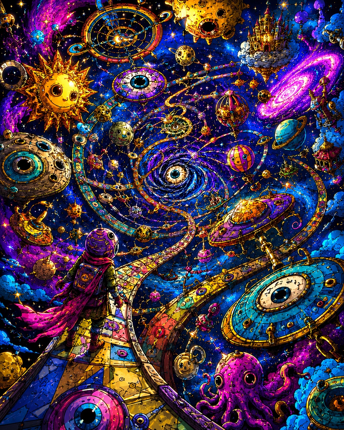 A cosmic traveler follows a winding path through a colorful illustrated universe of planets, eyes, castles, and spacecraft.