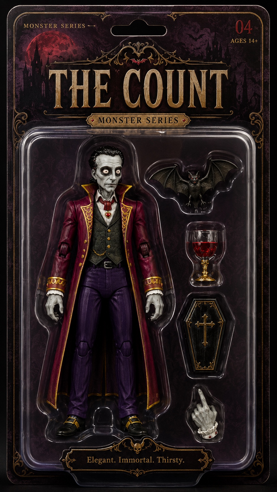 The Count monster action figure presented in gothic retail blister packaging with themed accessories.