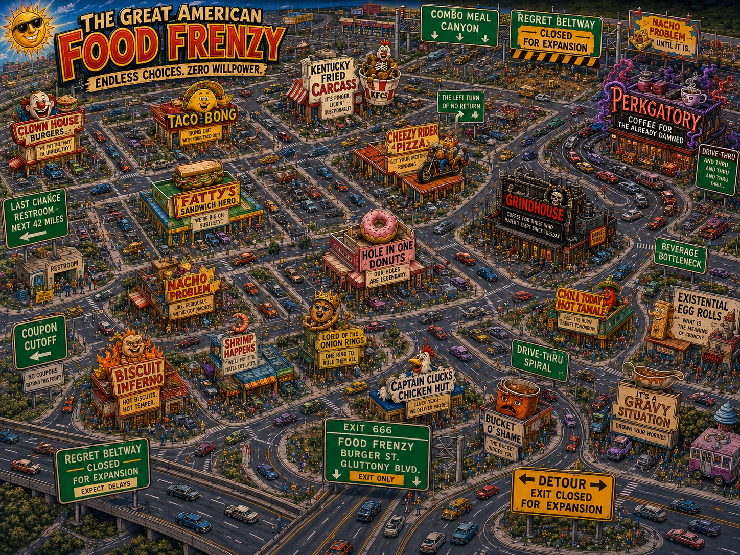 The Great American Food Frenzy, a dense satirical illustrated map filled with highways, restaurants, signs, and visual jokes.
