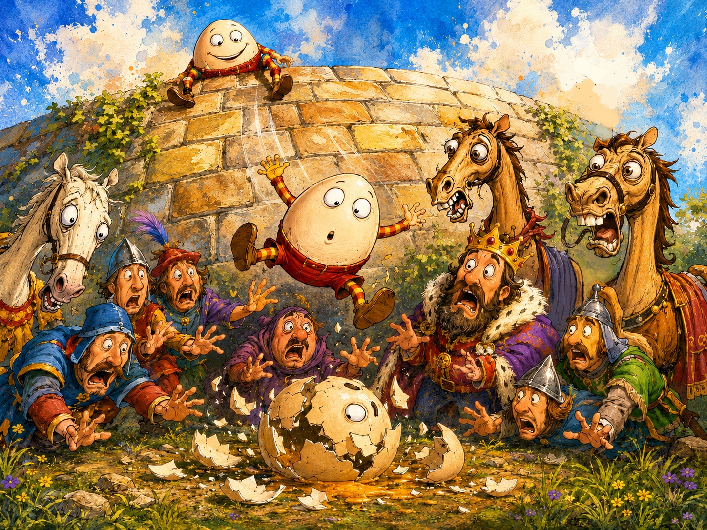 Humpty Dumpty scene with two egg characters, startled soldiers, horses, and a king reacting to a cracked egg.