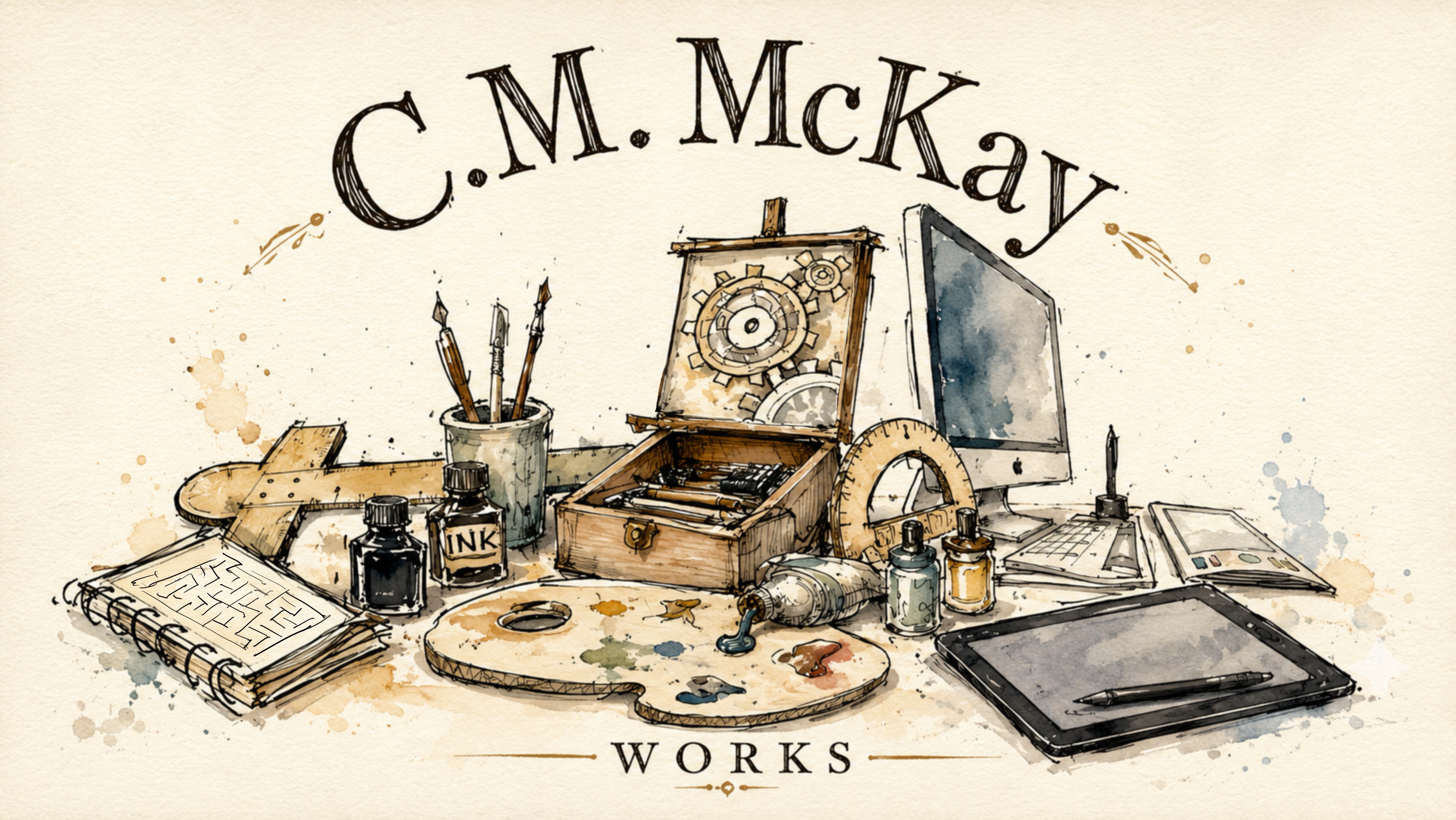 C. M. McKay Works masthead showing traditional and digital art tools arranged across an artist's worktable.