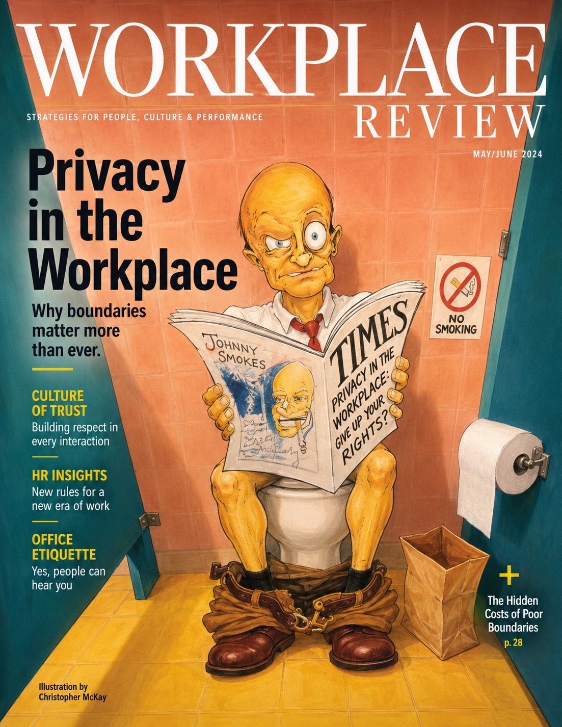 Workplace Review magazine cover featuring an editorial cartoon about privacy in the workplace.
