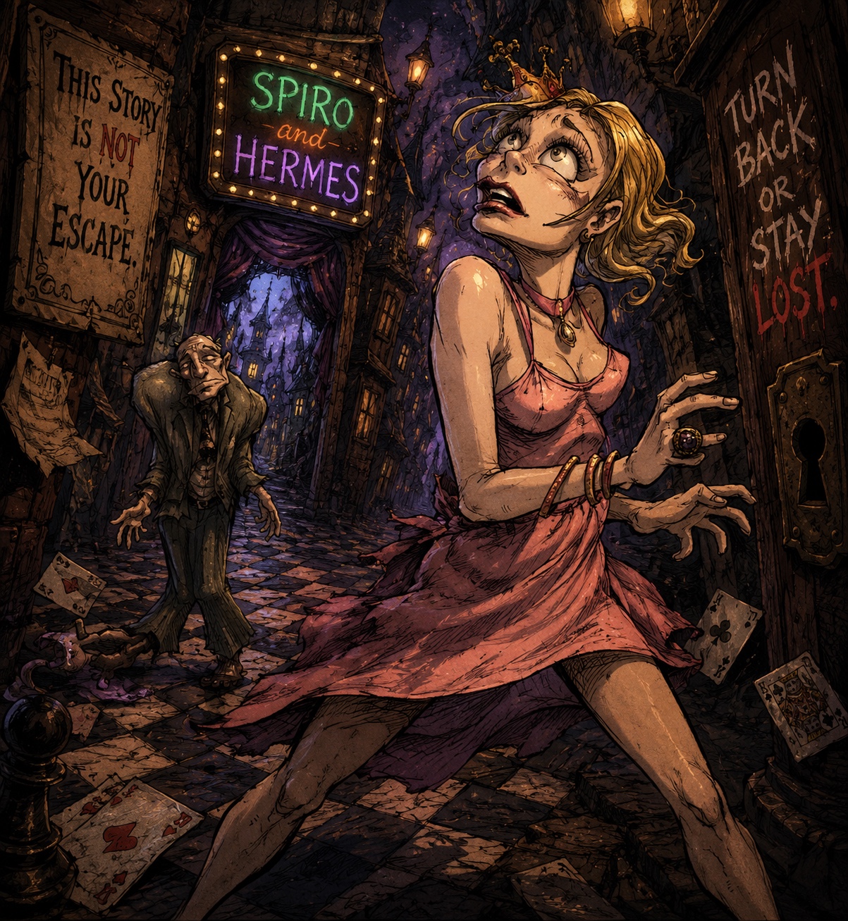 Spiro and Hermes story illustration showing a frightened woman in a dark theatrical alley filled with cards and ominous signs.