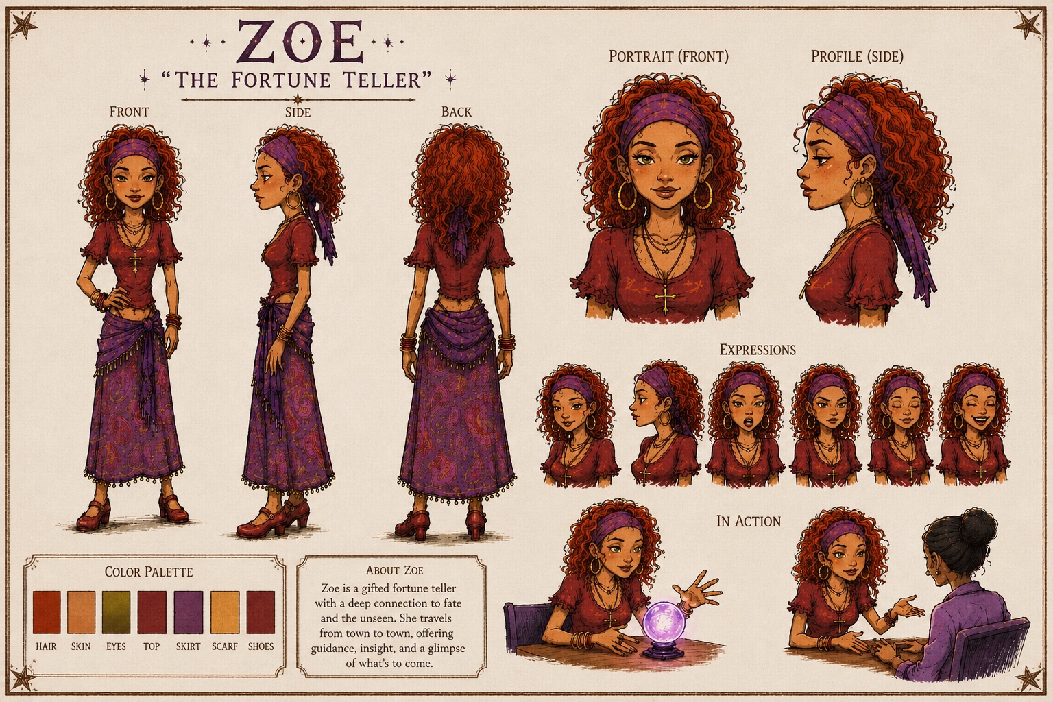 Character model sheet for Zoe the Fortune Teller with front, side, and back views, portraits, expressions, poses, and color palette.